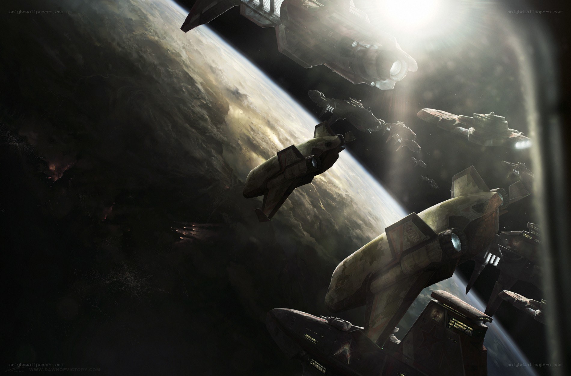 Spaceships above a planet