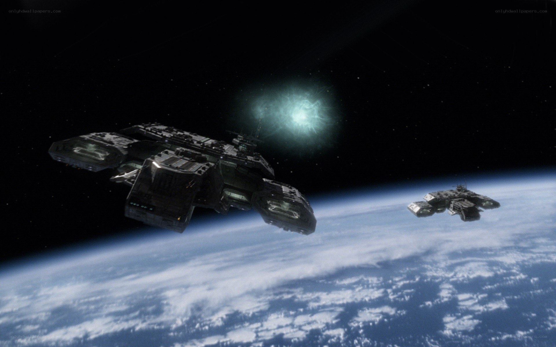Spaceships above a planet