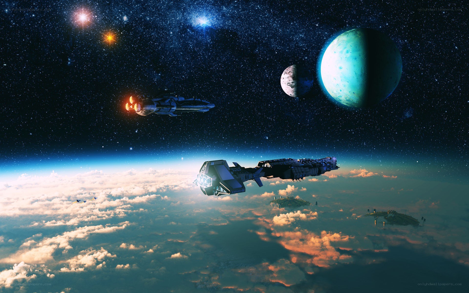 Spaceships above a planet
