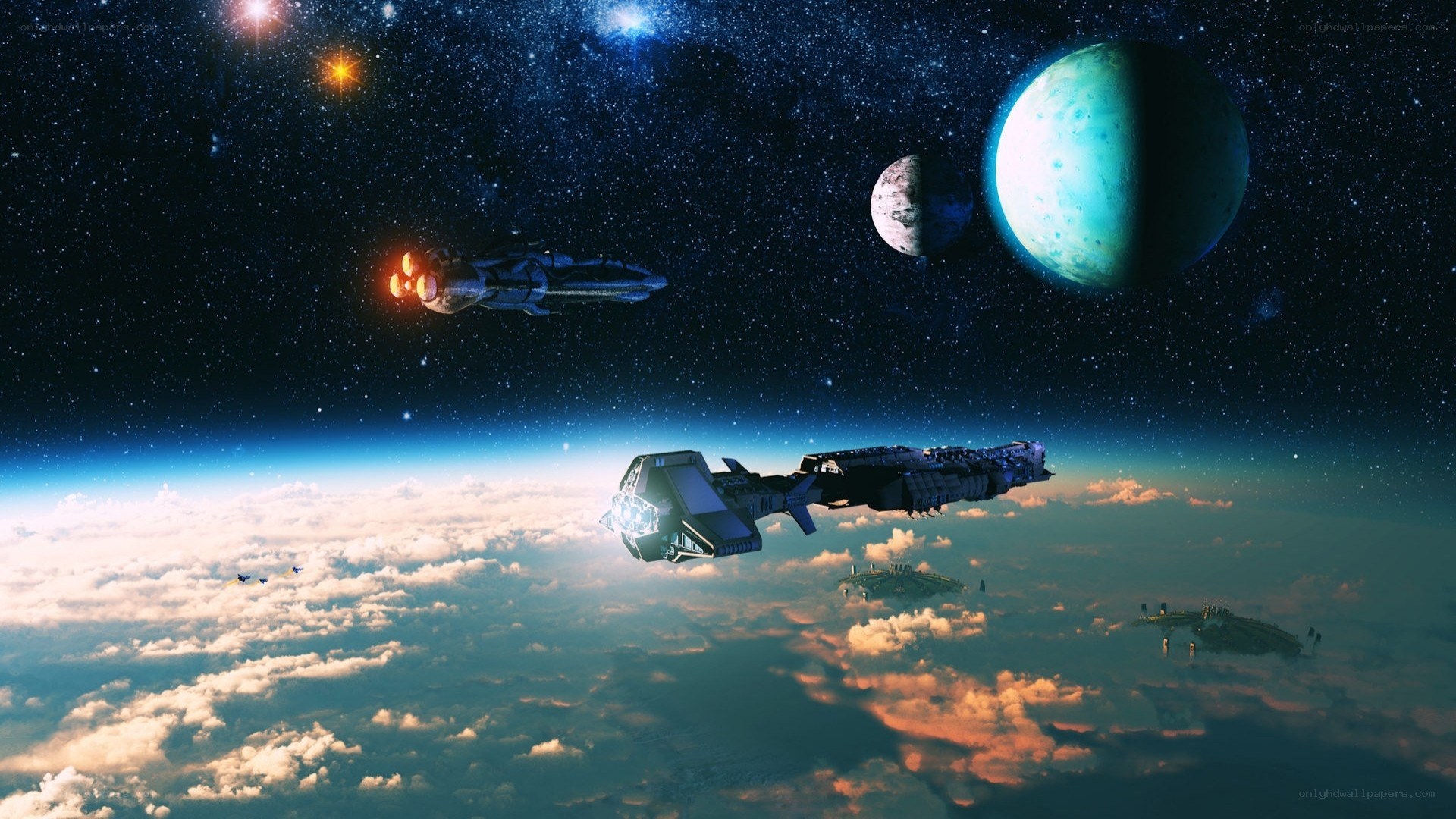 Spaceships above a planet