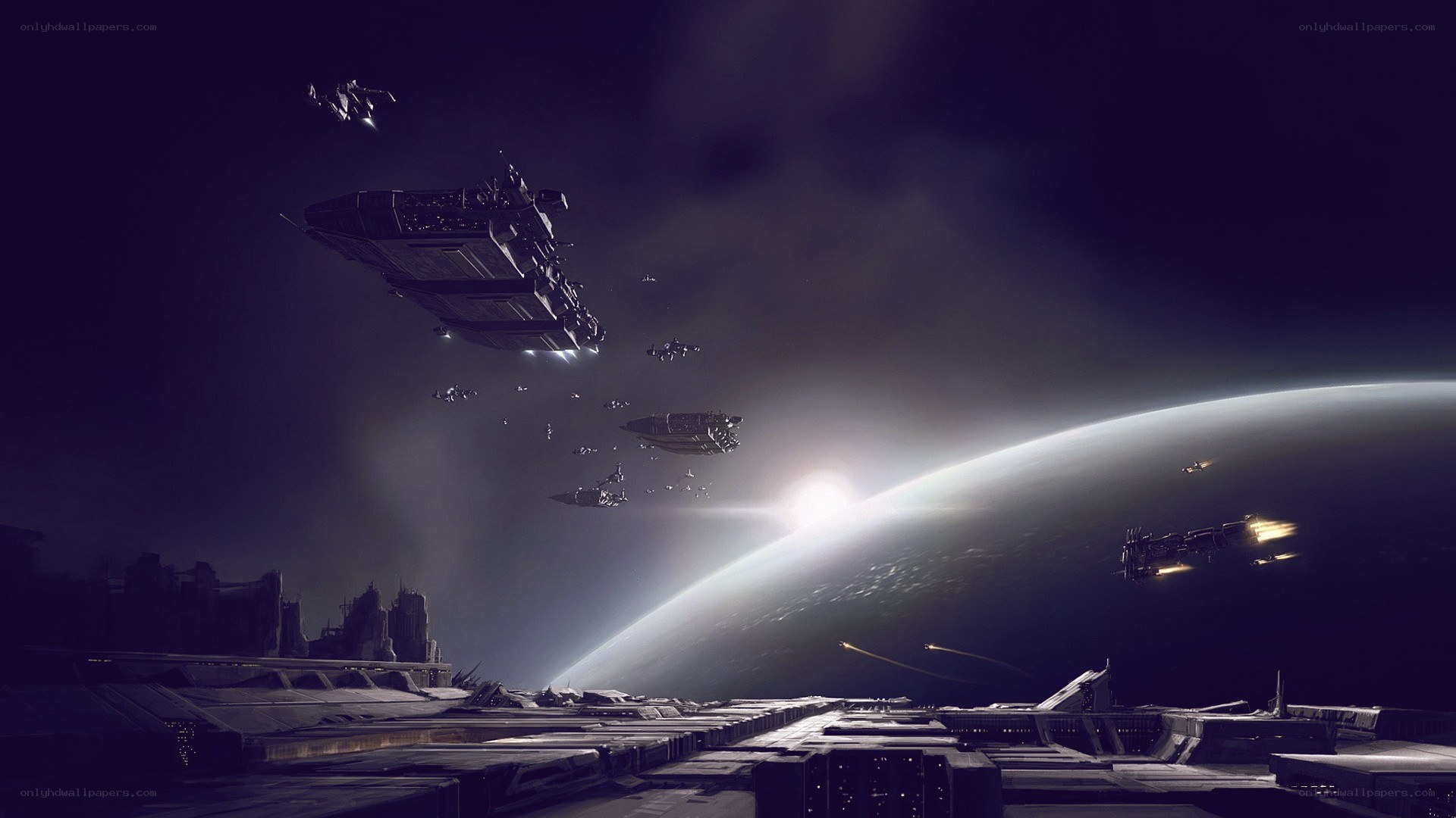Spaceships above a planet
