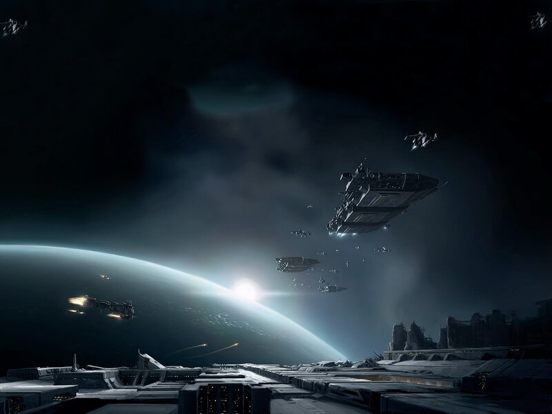 Spaceships above a planet