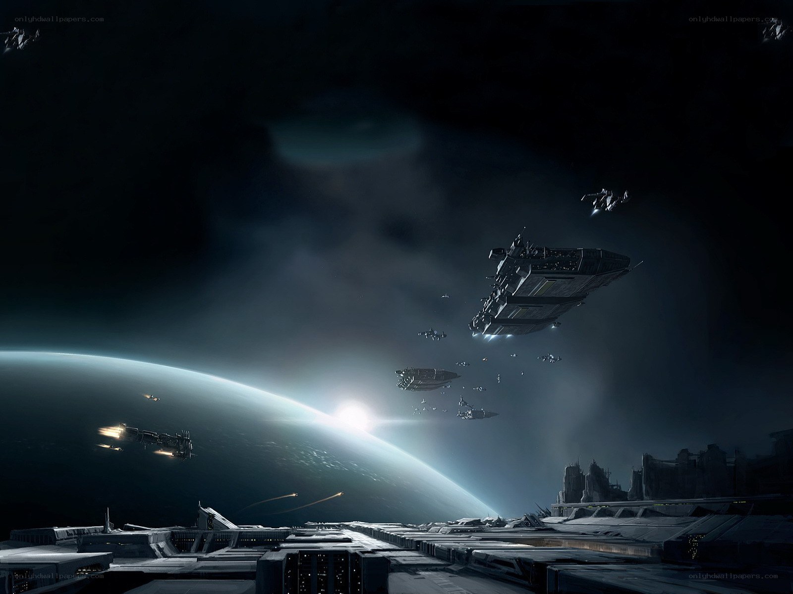 Spaceships above a planet