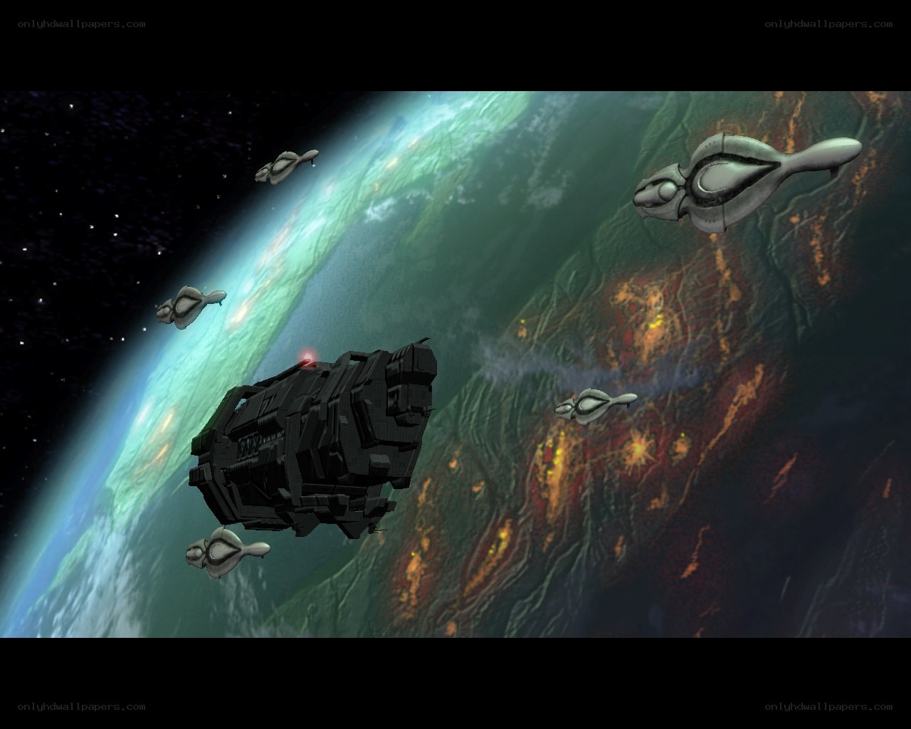 Spaceships above a planet