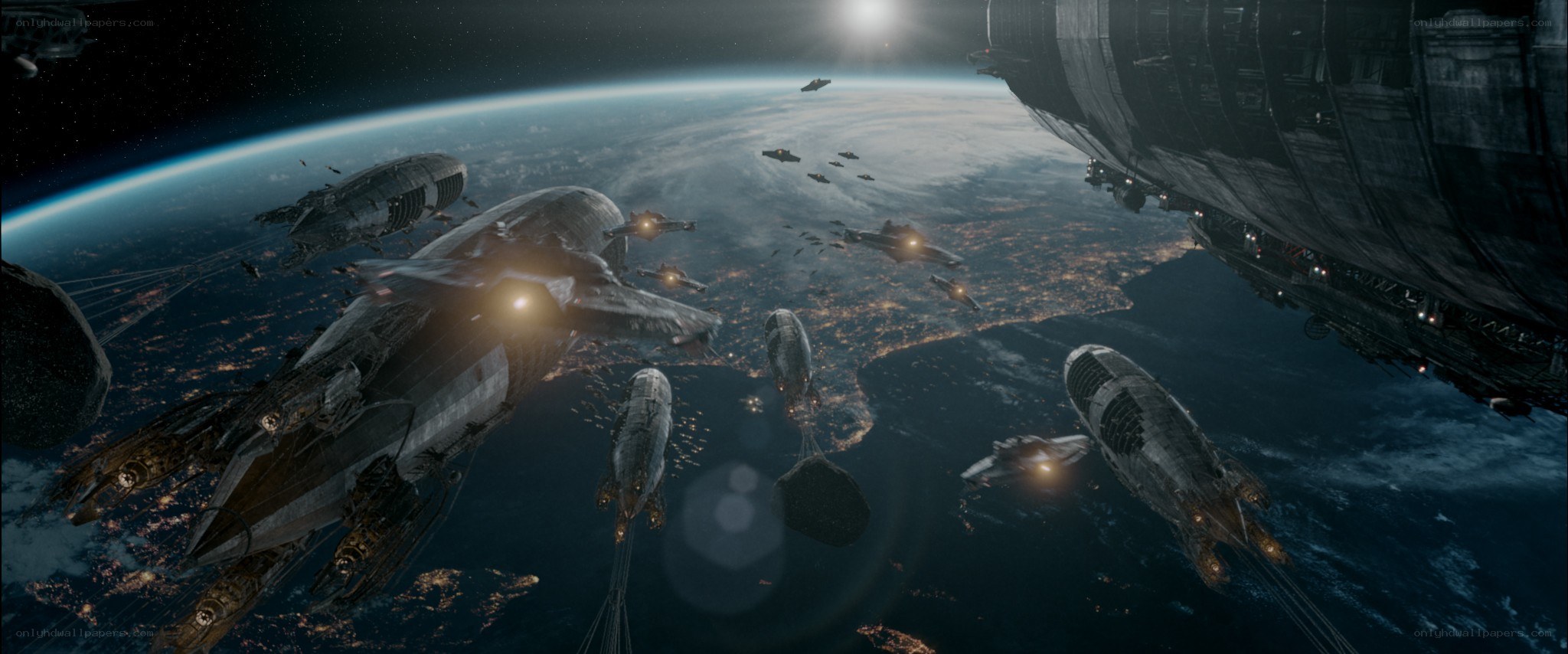 Spaceships above a planet