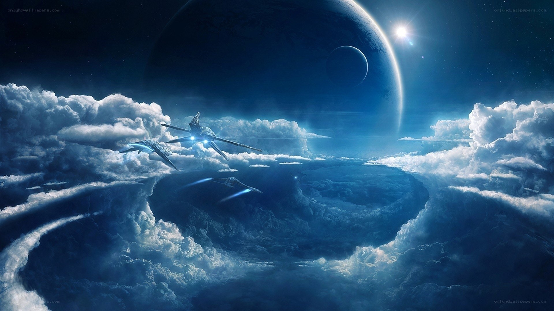 Spaceships above alien clouds