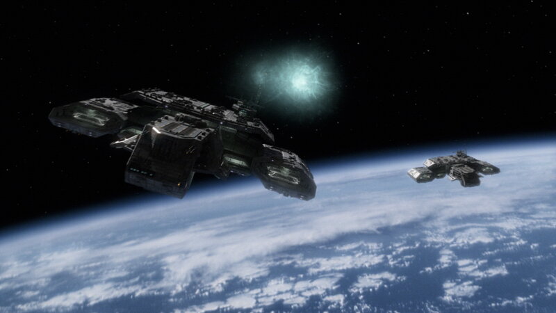 Spaceships Above Planet — Blue