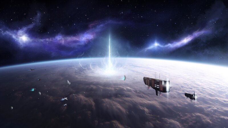 Spaceships Above Planet — Purple, Dramatic, Digital Art