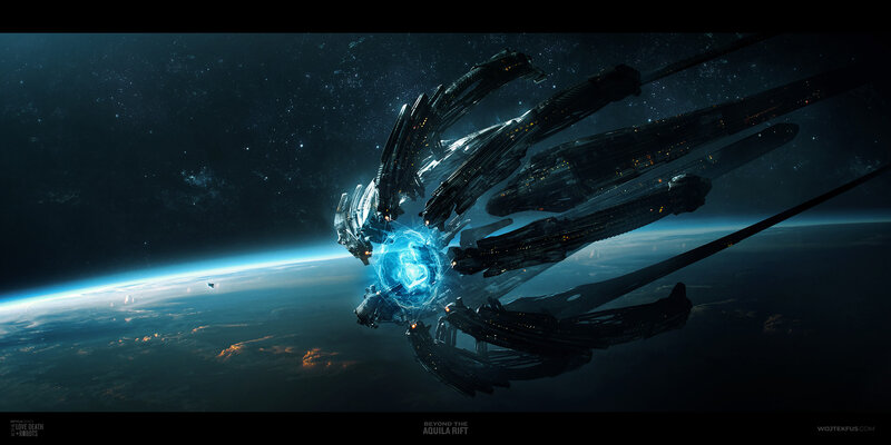 Spaceships Around Planet — Blue, Dramatic