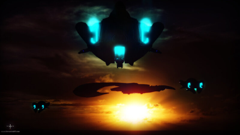 spaceships at sunset