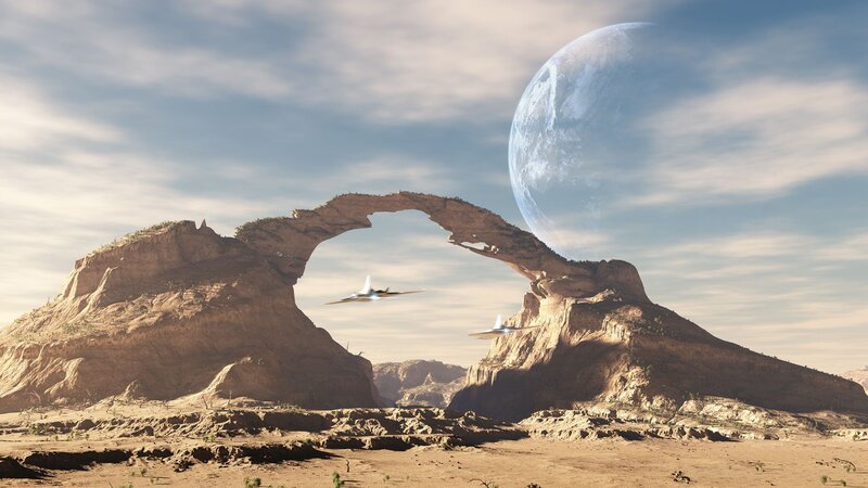 Spaceships Flying over Arch