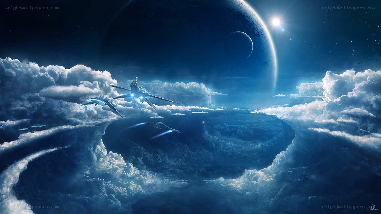 Spaceships flying over clouds