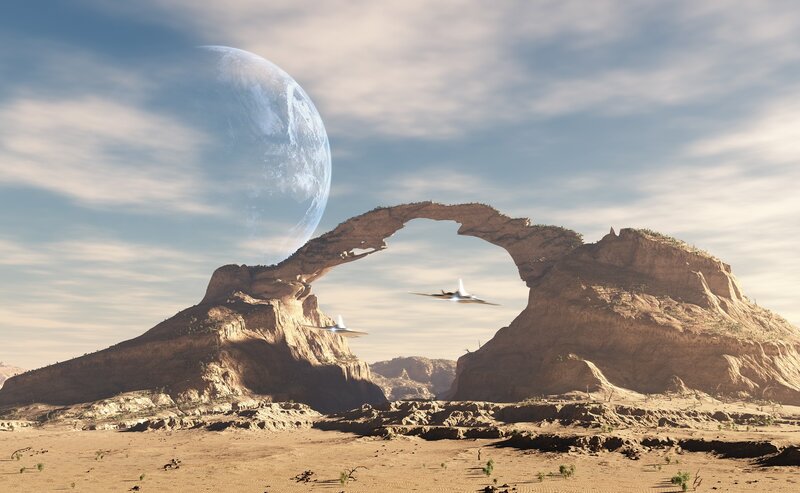 Spaceships Flying Through Arch
