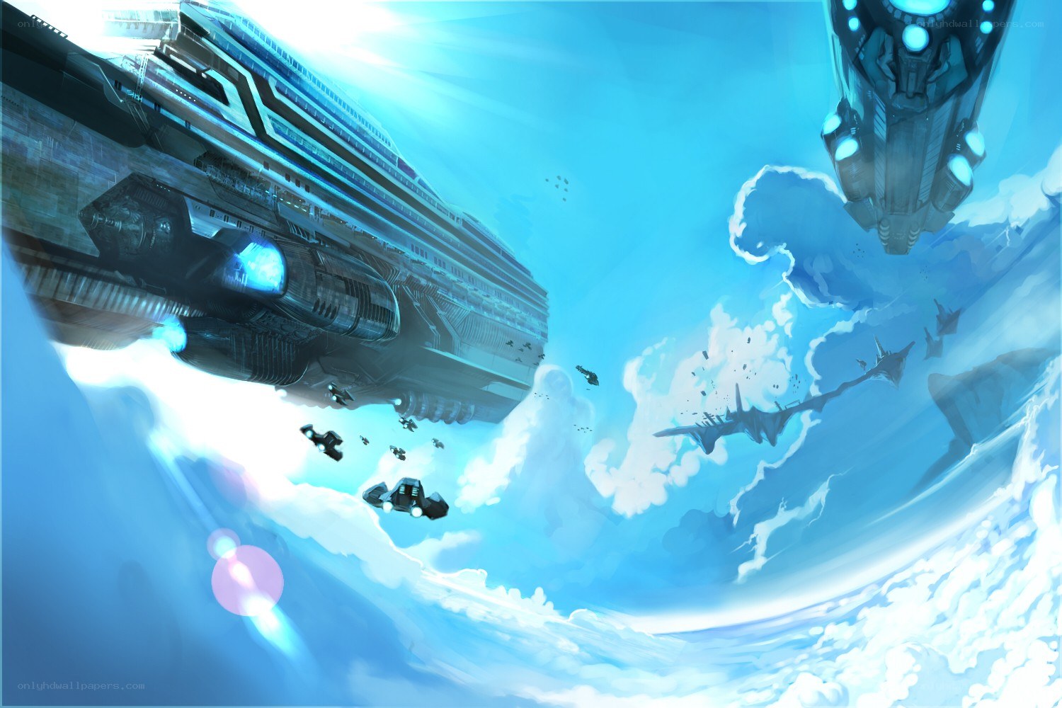 Spaceships in a blue sky