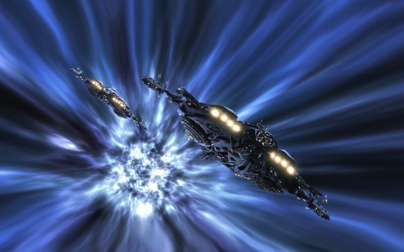 spaceships in a blue warp tunnel