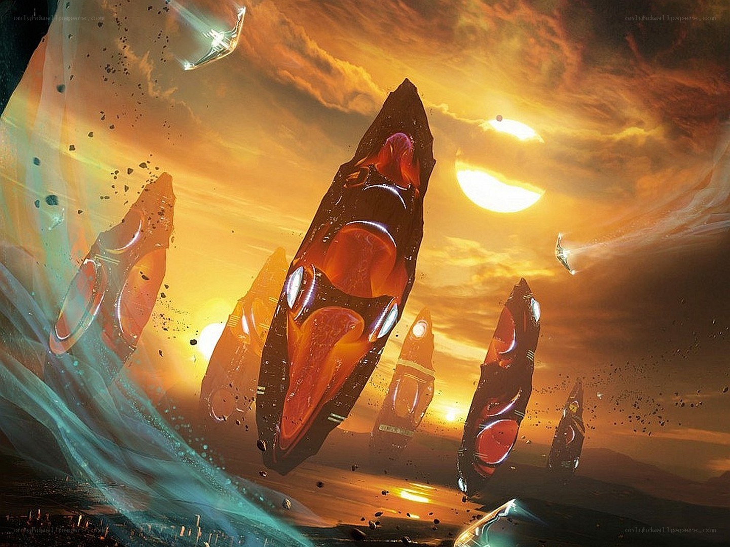 Spaceships in a fiery sky