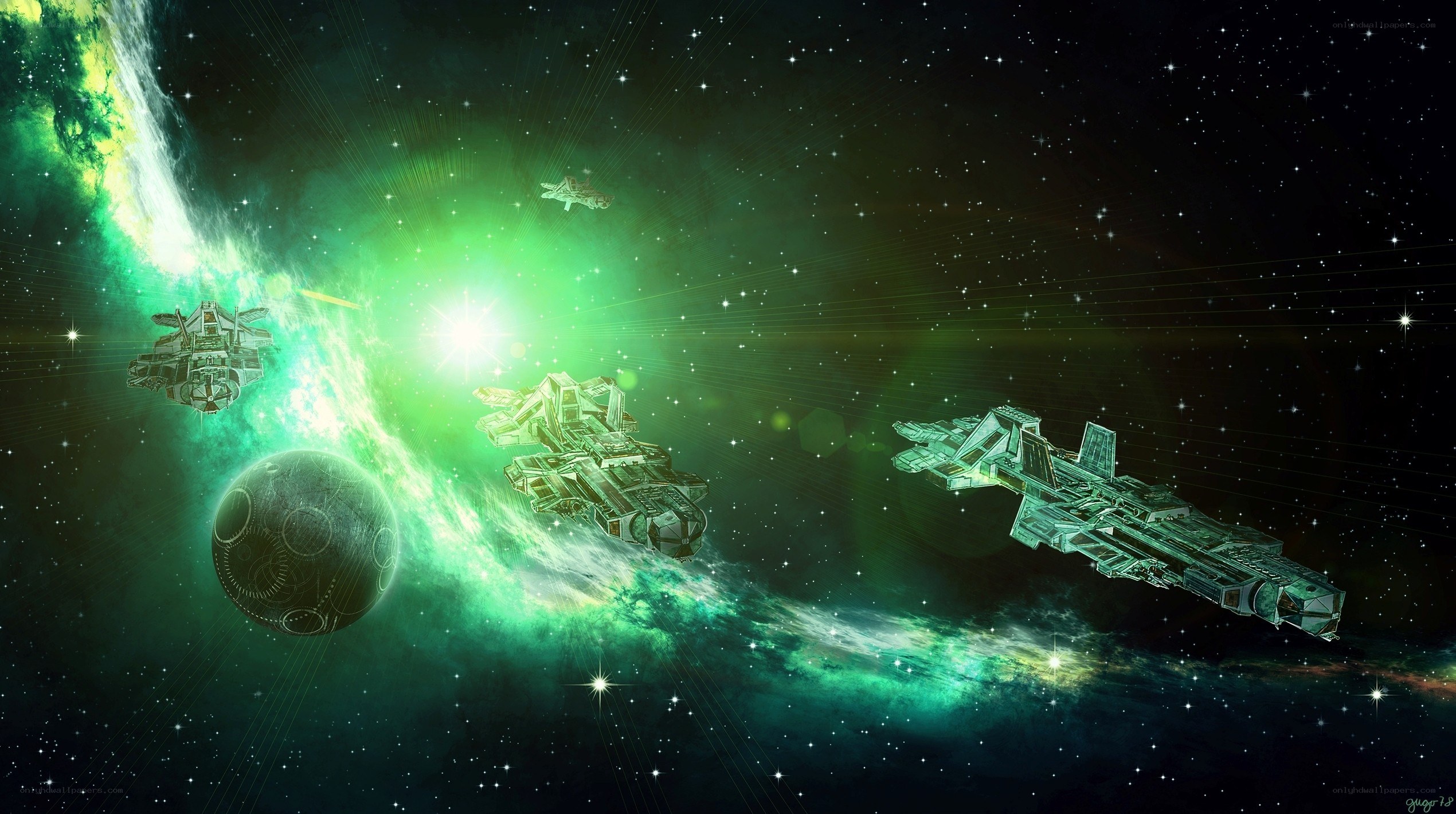Spaceships in a green nebula