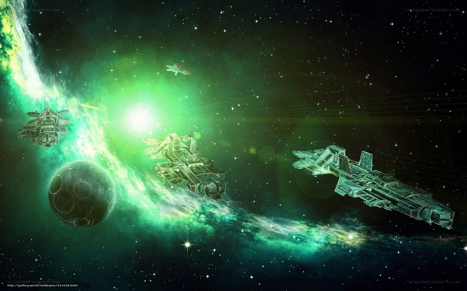 Spaceships in a green nebula
