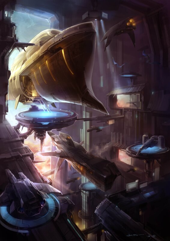 Spaceships in a Space Station — Purple, Dramatic