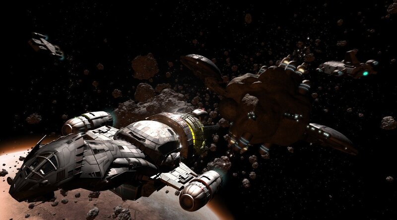 Spaceships in Asteroid Field — Black, Dramatic, 3d Render, Asteroids