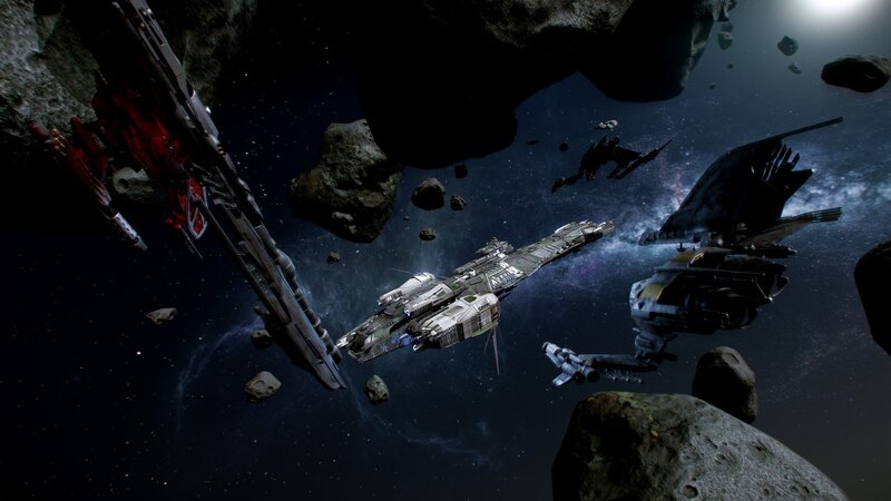 Spaceships in Asteroid Field — Black, Dramatic, Night, 3d Render