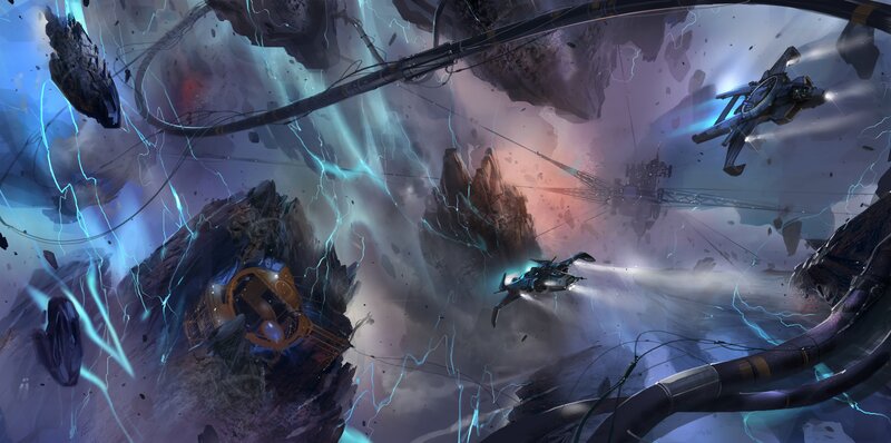 Spaceships in Asteroid Field — Blue, Dramatic, Digital Art