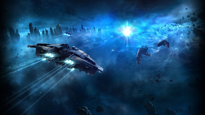 Spaceships in Asteroid Field — Blue, Dramatic, Night, Digital Art