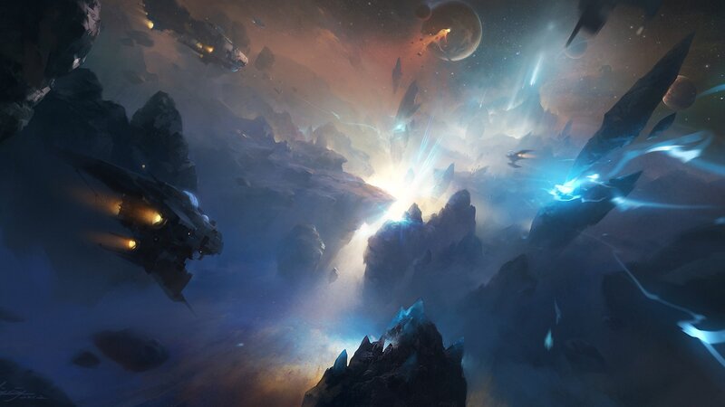 Spaceships in Asteroid Field — Blue, Dramatic