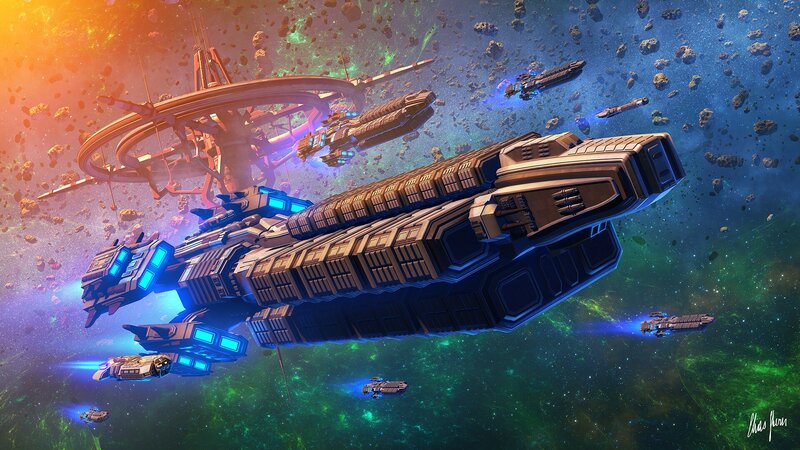 Spaceships in Asteroid Field — Green, Dramatic