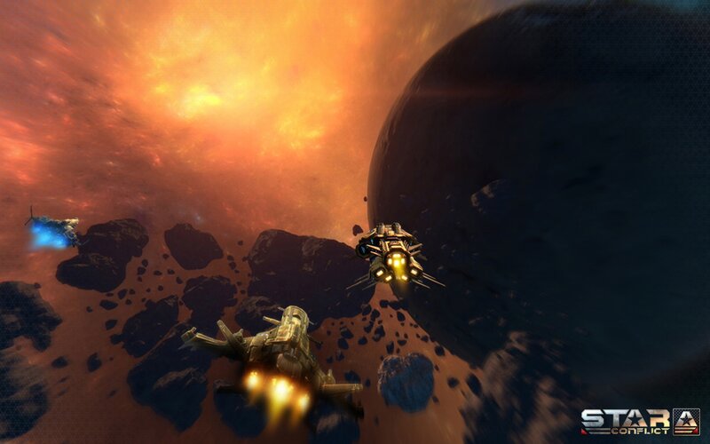 Spaceships in Asteroid Field — Orange, Dramatic, Sunset