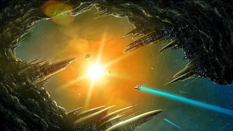 Spaceships in Asteroid Field — Orange, Dramatic