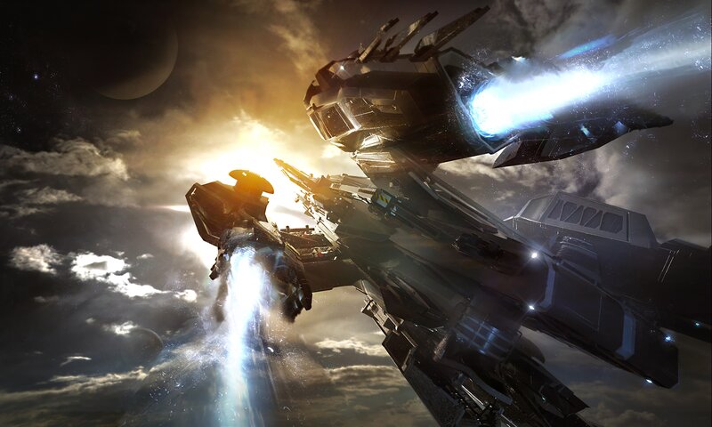 Spaceships in Battle — Black, Dramatic, Night, Digital Art, Explosions