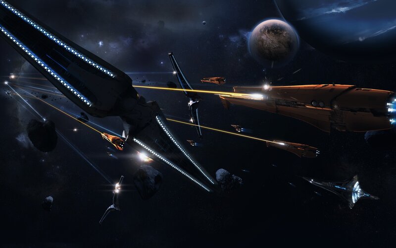 Spaceships in Battle — Black, Dramatic, Night, Digital Art, Planets, Asteroids, Lasers