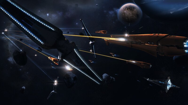 Spaceships in Battle — Black, Dramatic, Night, Digital Art, Planets, Asteroids