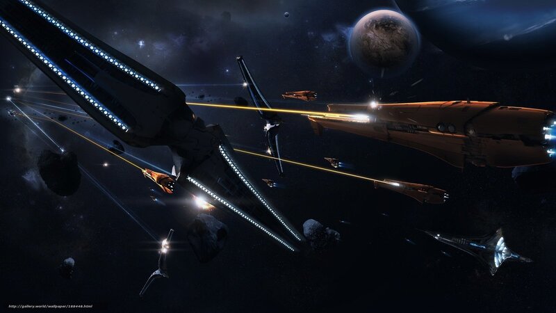Spaceships in Battle — Black, Dramatic, Night, Digital Art, Planets