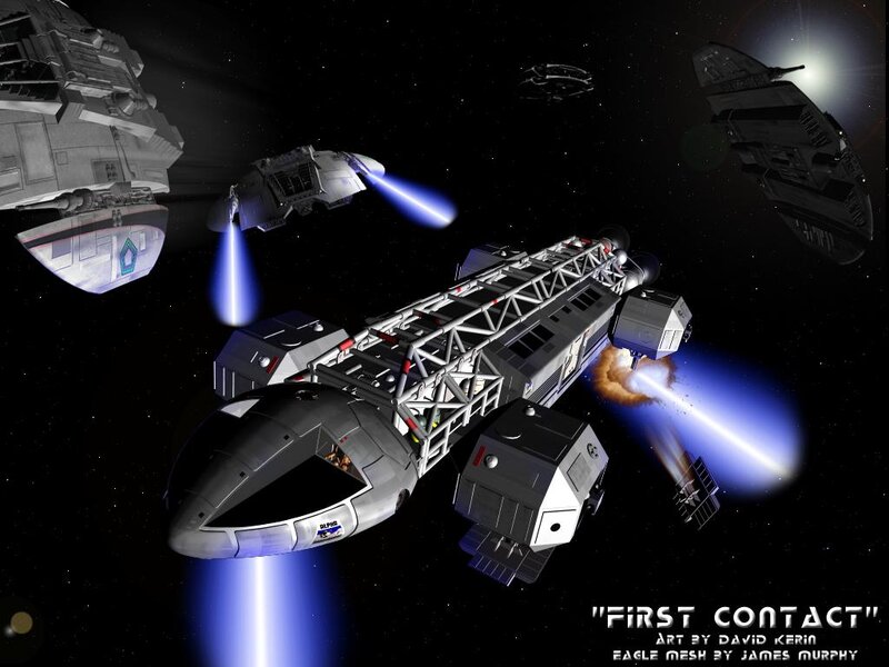 Spaceships in Battle — Black, Dramatic, Night, Digital Art, Spacecraft