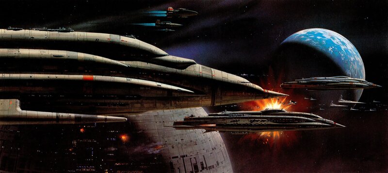 Spaceships in Battle — Black, Dramatic, Night, Illustration