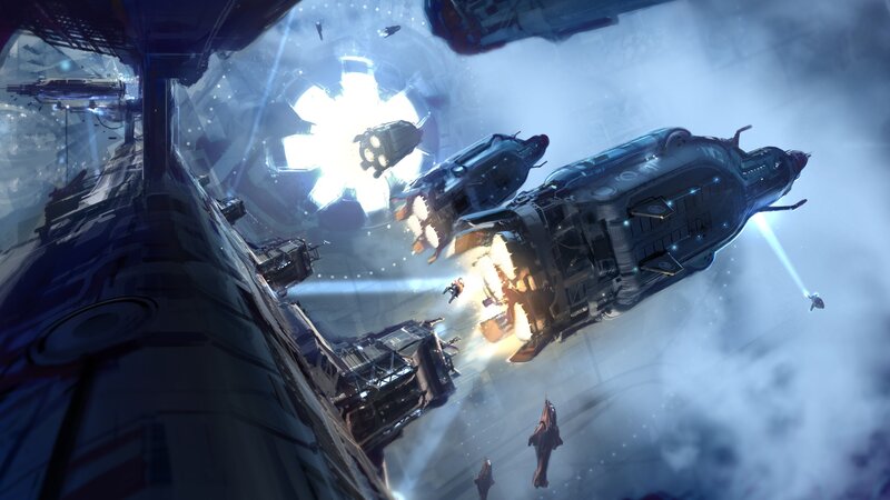 Spaceships in Battle — Blue, Dramatic, Digital Art, Explosion, Space Station, Smoke