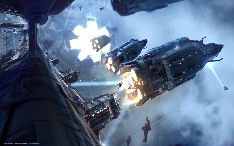 Spaceships in Battle — Blue, Dramatic, Digital Art, Explosion, Space Station