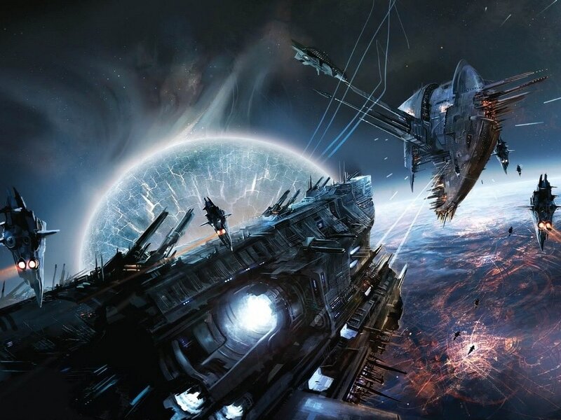 Spaceships in Battle — Blue, Dramatic, Digital Art, Planet, Spacecraft