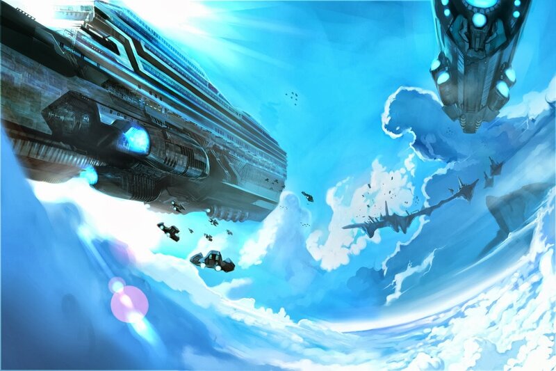 Spaceships in Battle — Blue, Dramatic, Digital Art, Ships