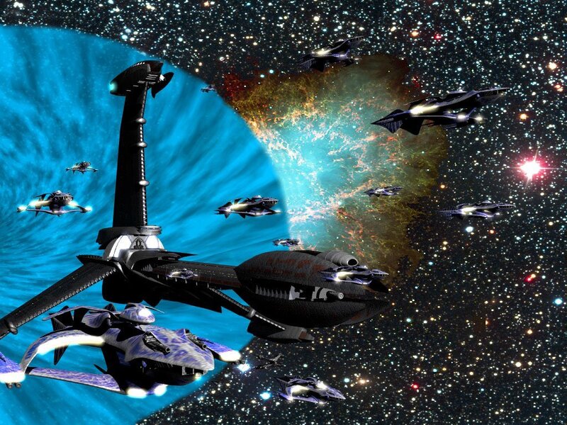 Spaceships in Battle — Blue, Dramatic, Digital Art