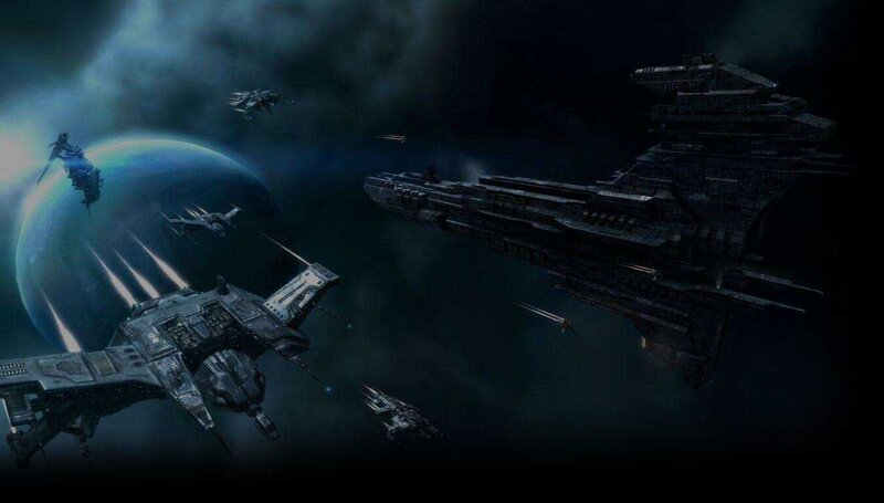 Spaceships in Battle — Blue, Dramatic, Night, Digital Art, Planet, Spacecraft, Shooting Lasers