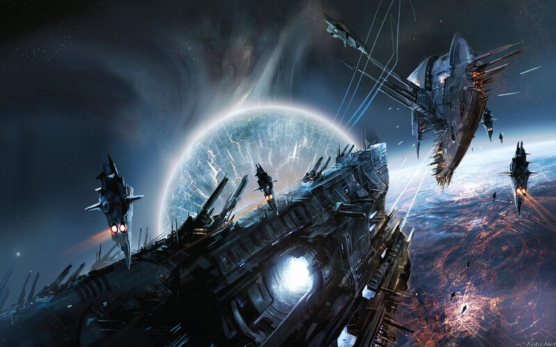 Spaceships in Battle — Blue, Dramatic, Night, Digital Art, Planet