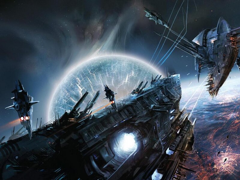 Spaceships in Battle — Blue, Dramatic, Night, Digital Art