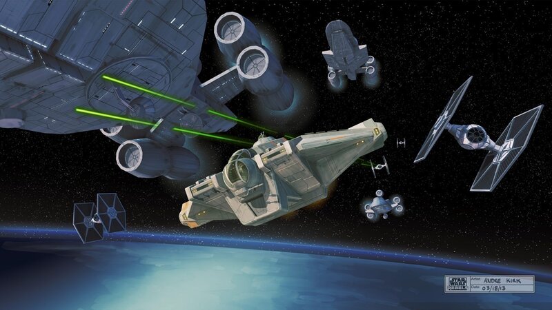 Spaceships in Battle — Blue, Dramatic, Night, Digital Art, Tie Fighters