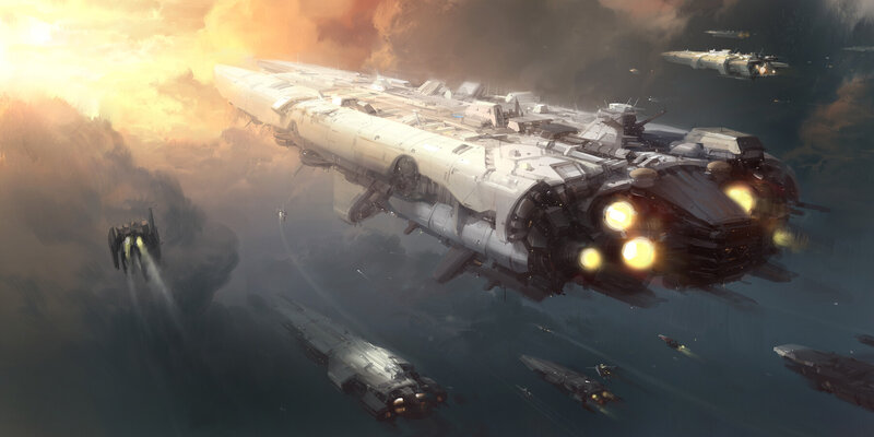 Spaceships in Battle — Gray, Dramatic, Sunset