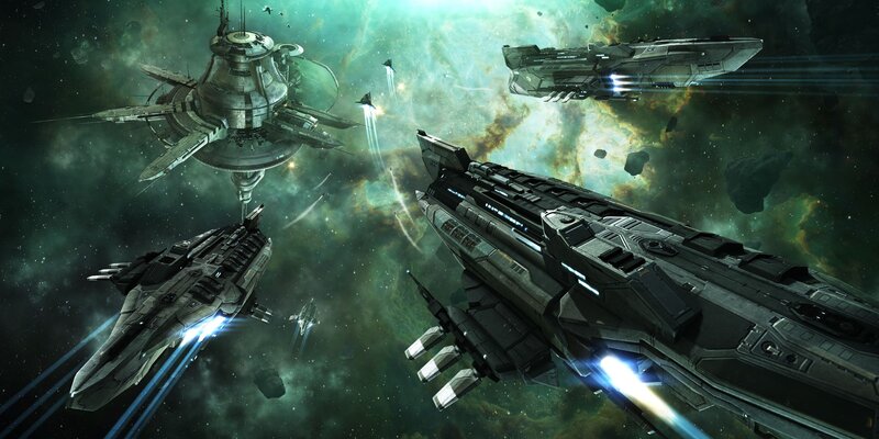 Spaceships in Battle — Green, Dramatic, Digital Art, Space Station