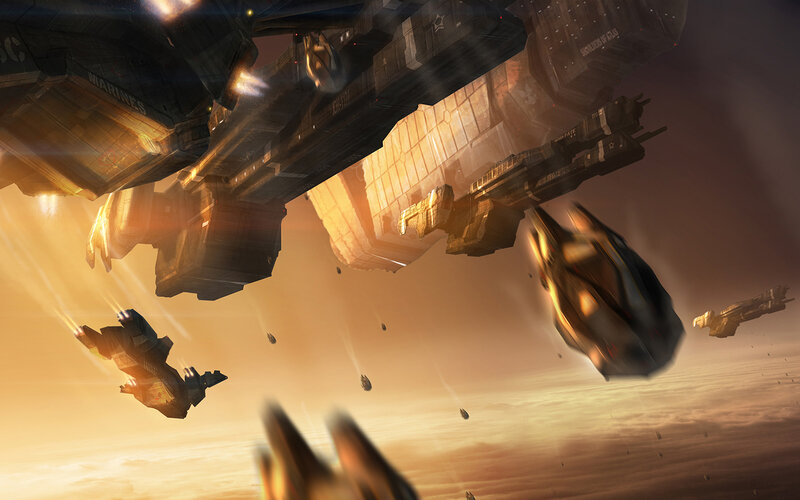 Spaceships in Battle — Orange, Dramatic, Sunset, Digital Art, Spacecraft, Explosions