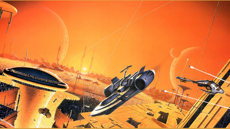 Spaceships in Battle — Orange, Dramatic, Sunset, Digital Art, Spacecraft